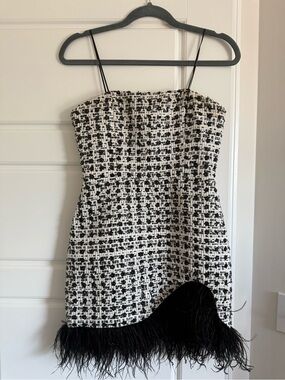 Strapless Sequined Black and White Tweed Mini Dress with Feather Hem